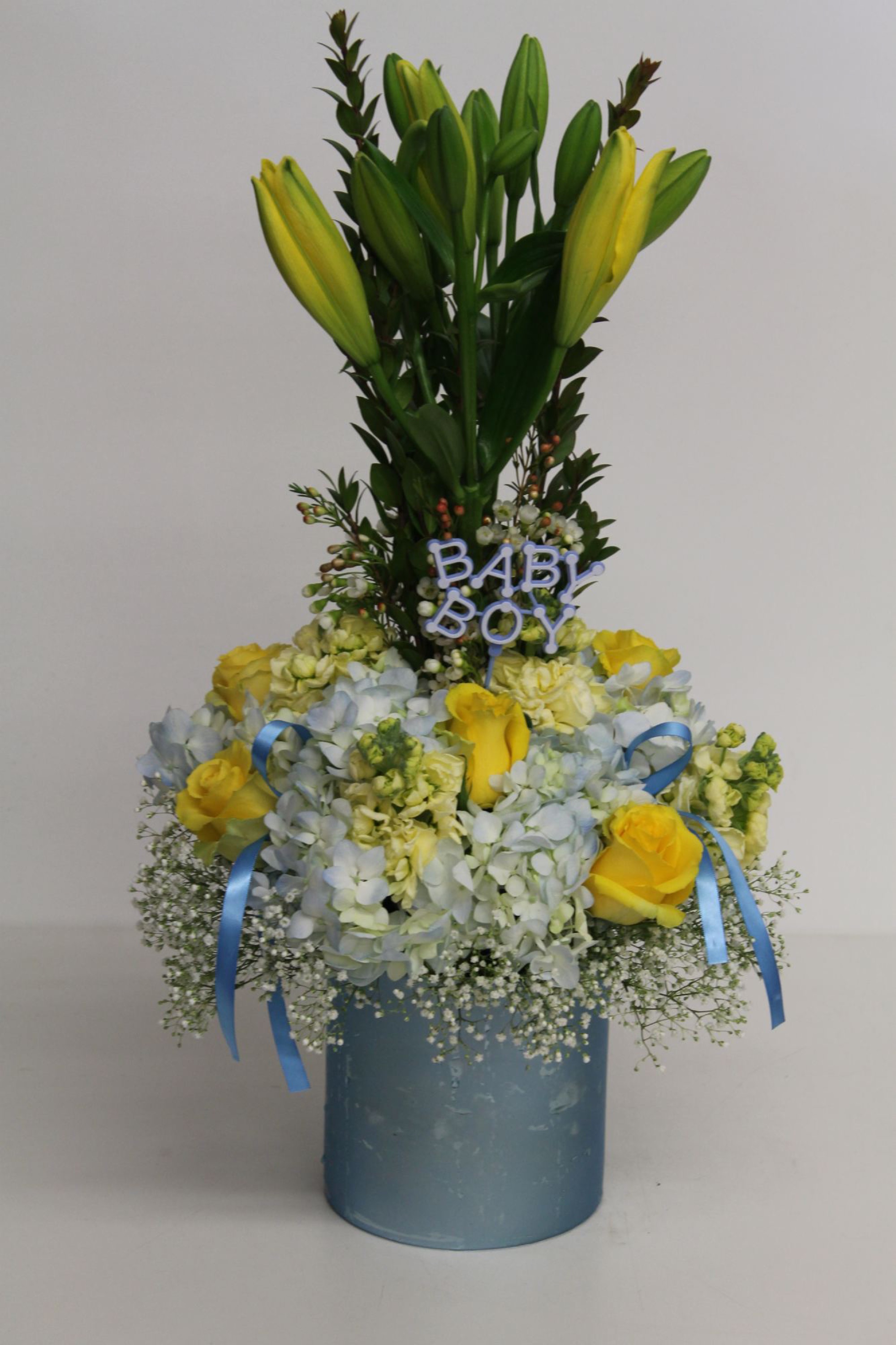 B for Boy — hydrangeas arrangement, hand-composed in The Flower Lover atelier in Huntington Beach