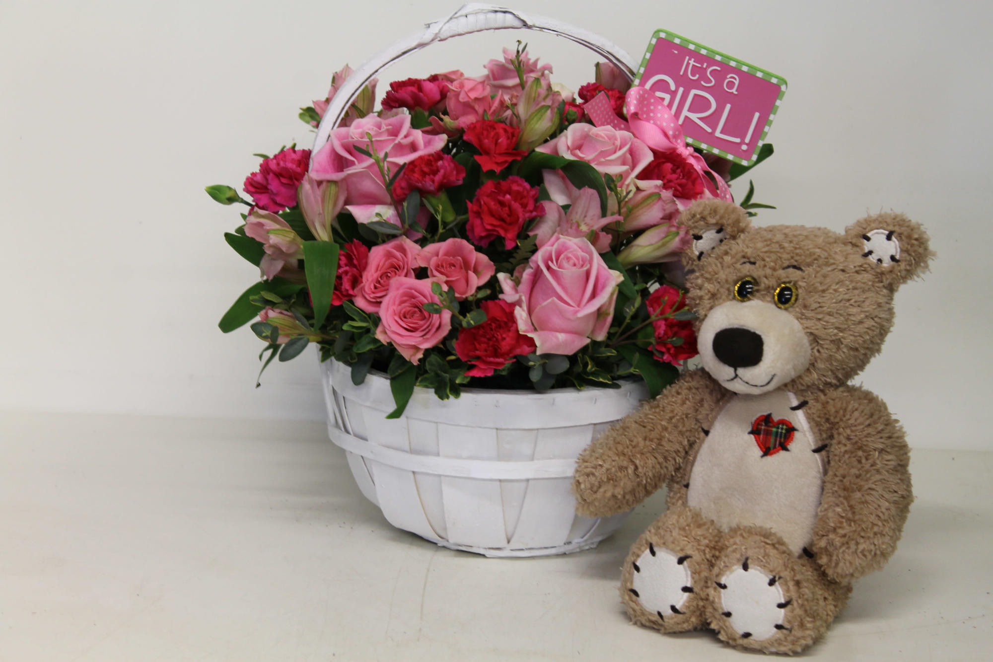 Girl &amp; Bear — roses arrangement, hand-composed in The Flower Lover atelier in Huntington Beach