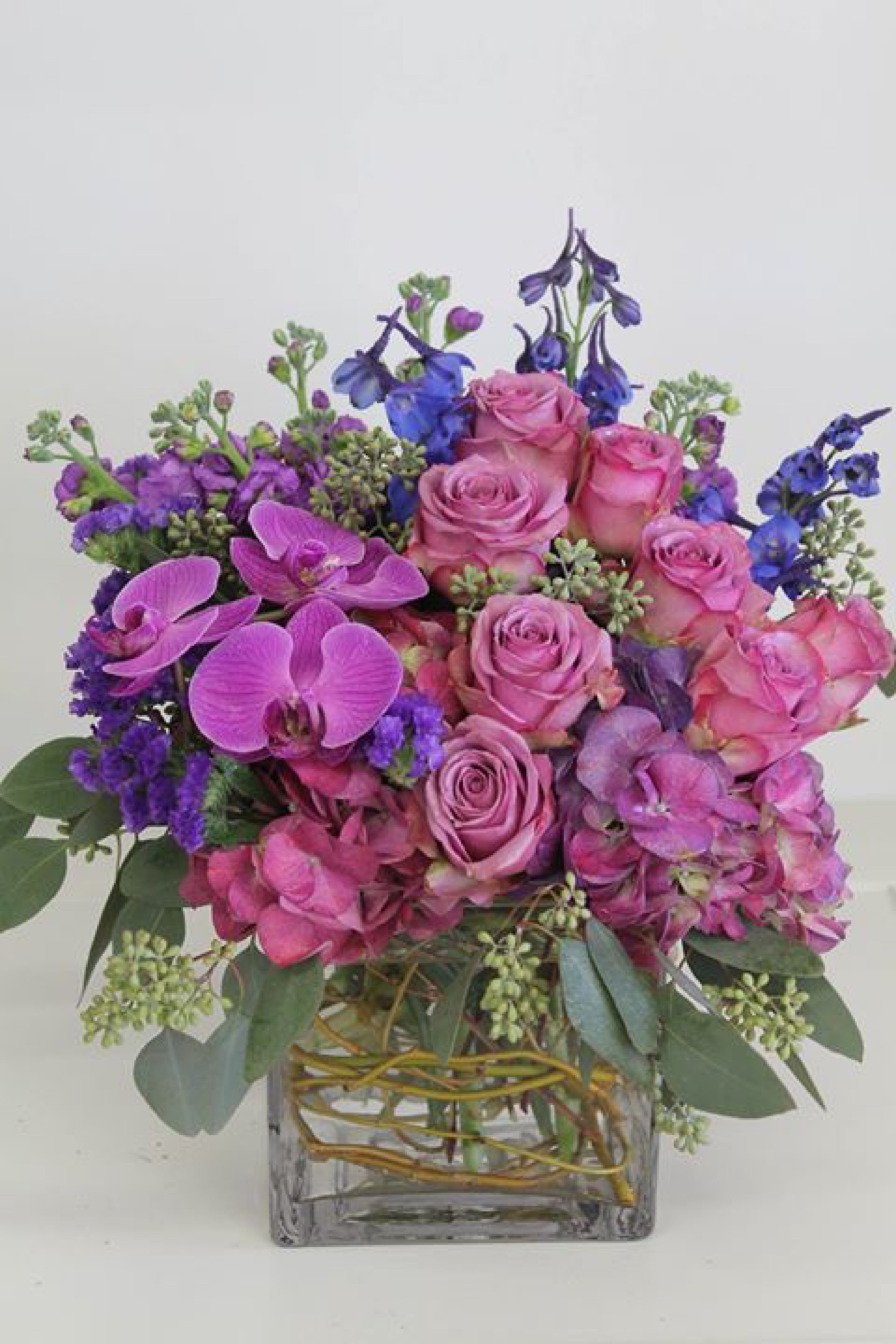 Lovely — delphinium arrangement, hand-composed in The Flower Lover atelier in Huntington Beach