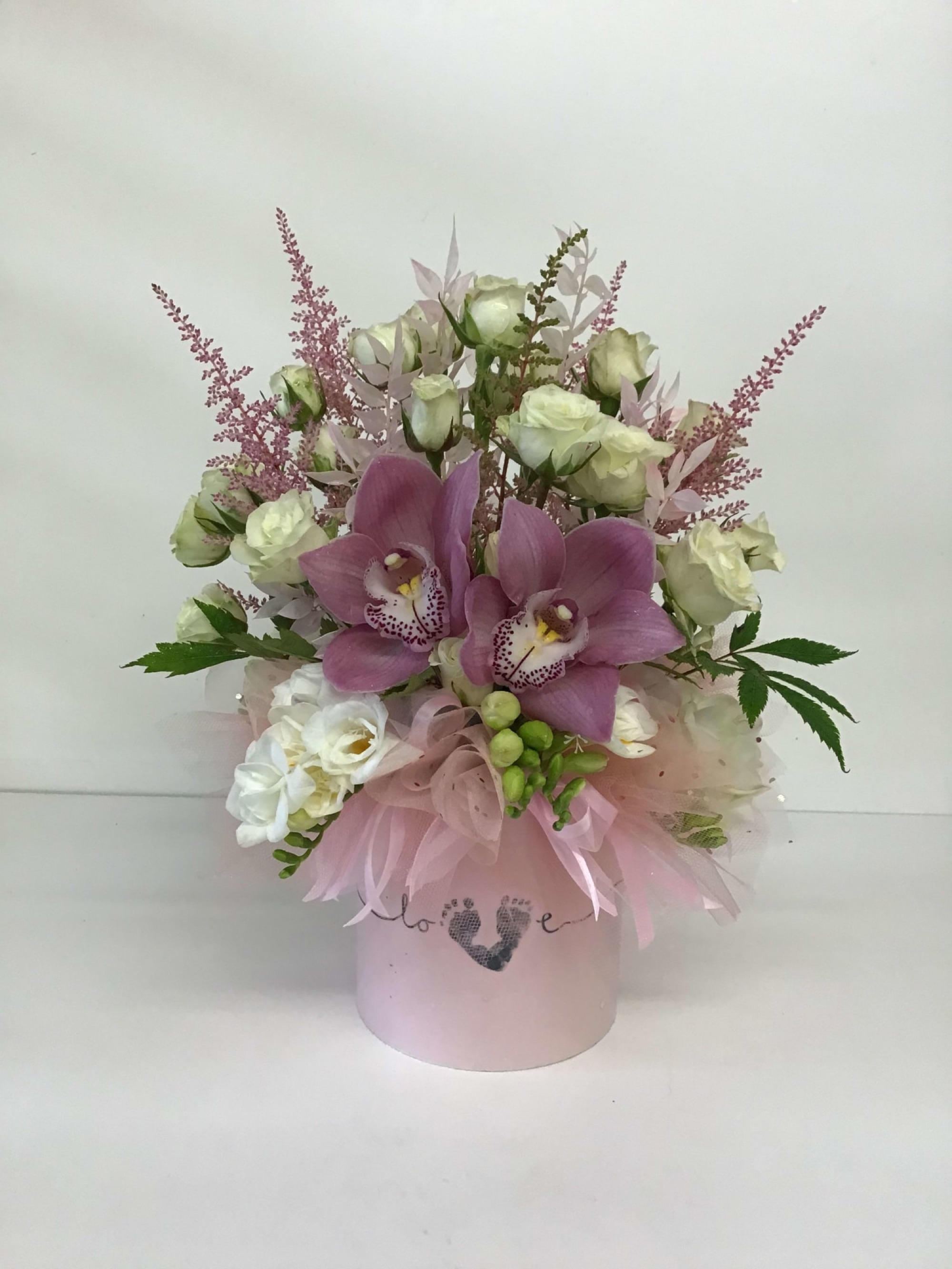 Princess on Board — cymbidium orchid arrangement, hand-composed in The Flower Lover atelier in Huntington Beach