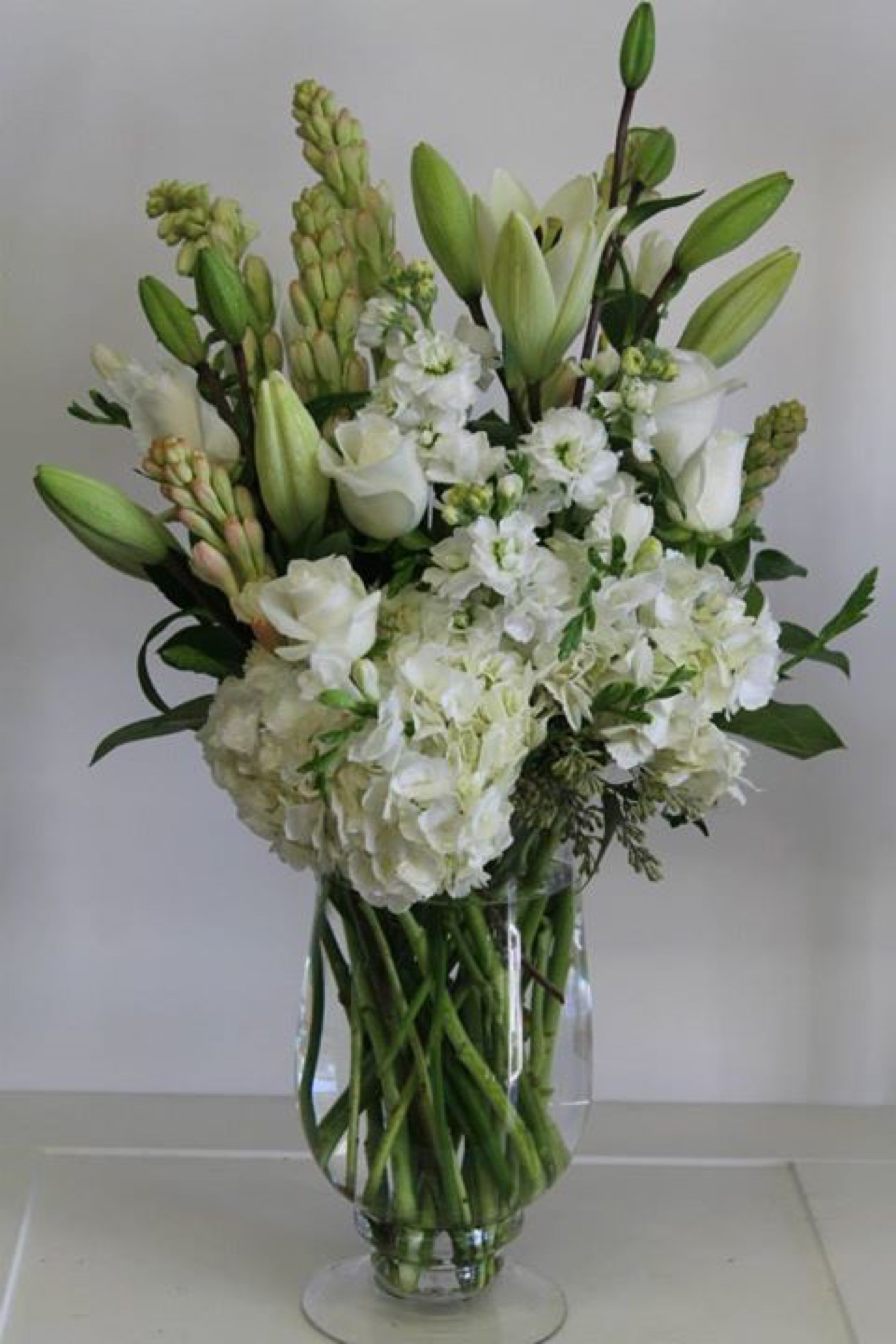 Purity — hydrangeas arrangement, hand-composed in The Flower Lover atelier in Huntington Beach