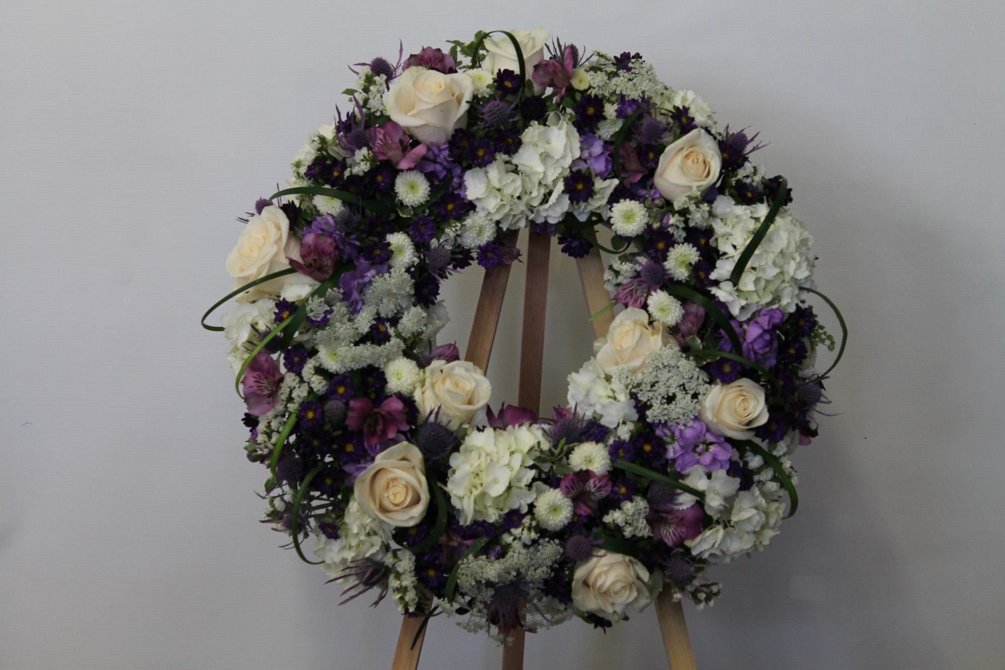 White and Purple Wreath — hydrangeas arrangement, hand-composed in The Flower Lover atelier in Huntington Beach